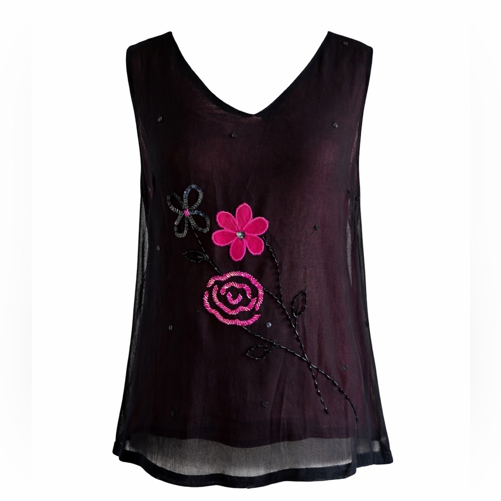Momentum Clothing Sheer Black Embroidered Floral Tank Top Beaded Boho M
